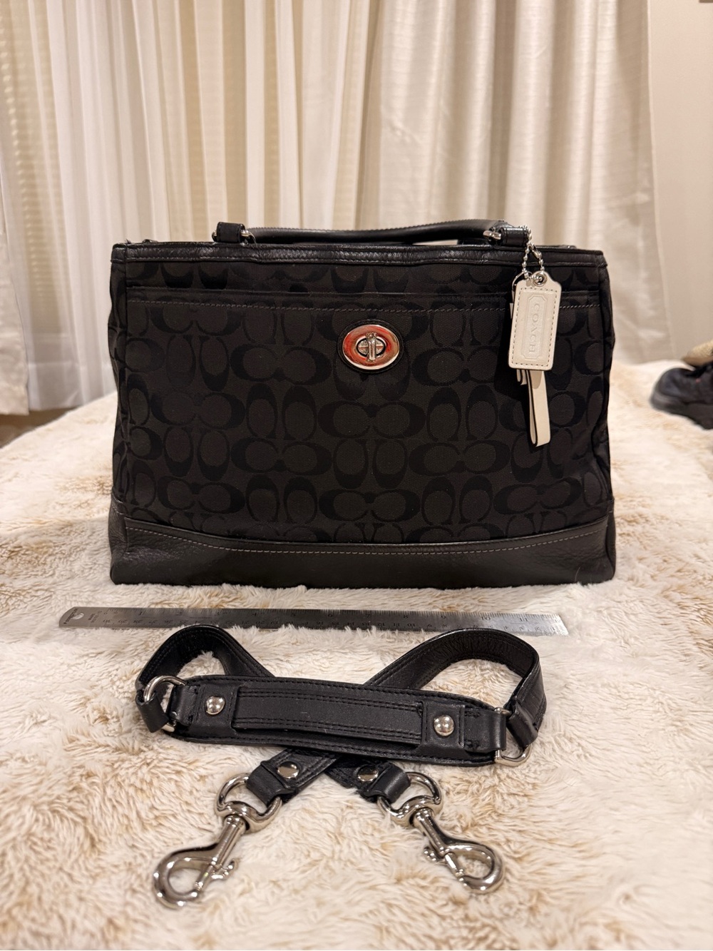Coach Black Signature Canvas Messenger Bag with Silver Hardware